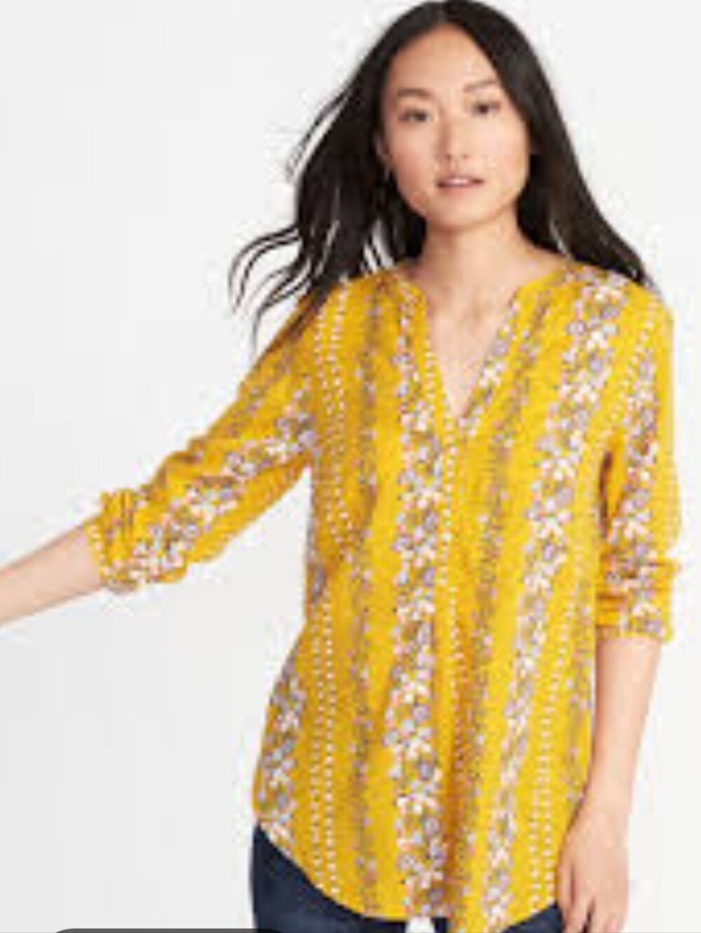 Old Navy Women Yellow Boho Floral-Striped V-Neck Long Sleeve Tunic Top sz L